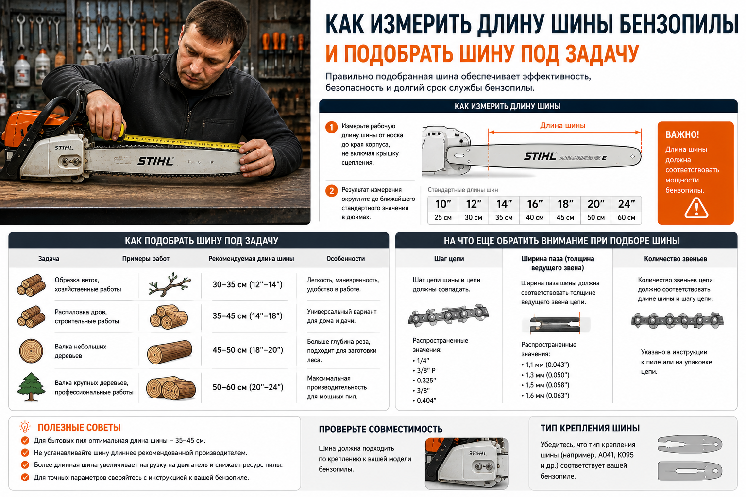Как измерить длину шины бензопилы и подобрать шину под задачу